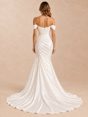 Draped Off-the-Shoulder Satin Crepe Mermaid Wedding Dress