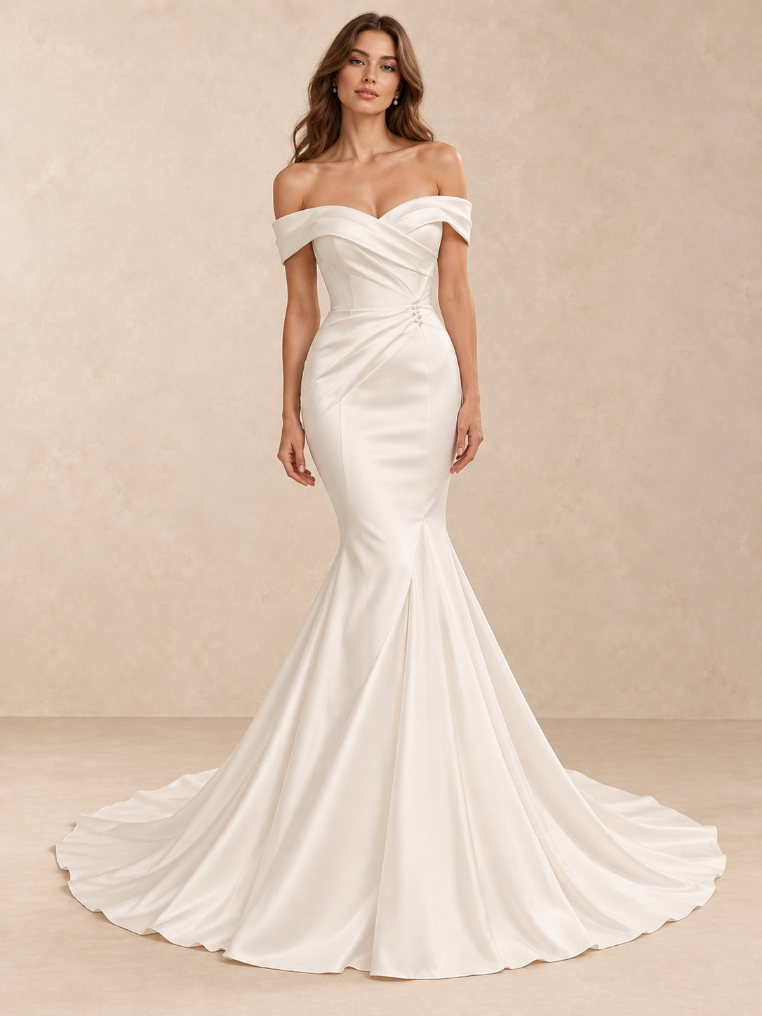 Draped Off-the-Shoulder Satin Mermaid Wedding Dress with Buttoned V-Back