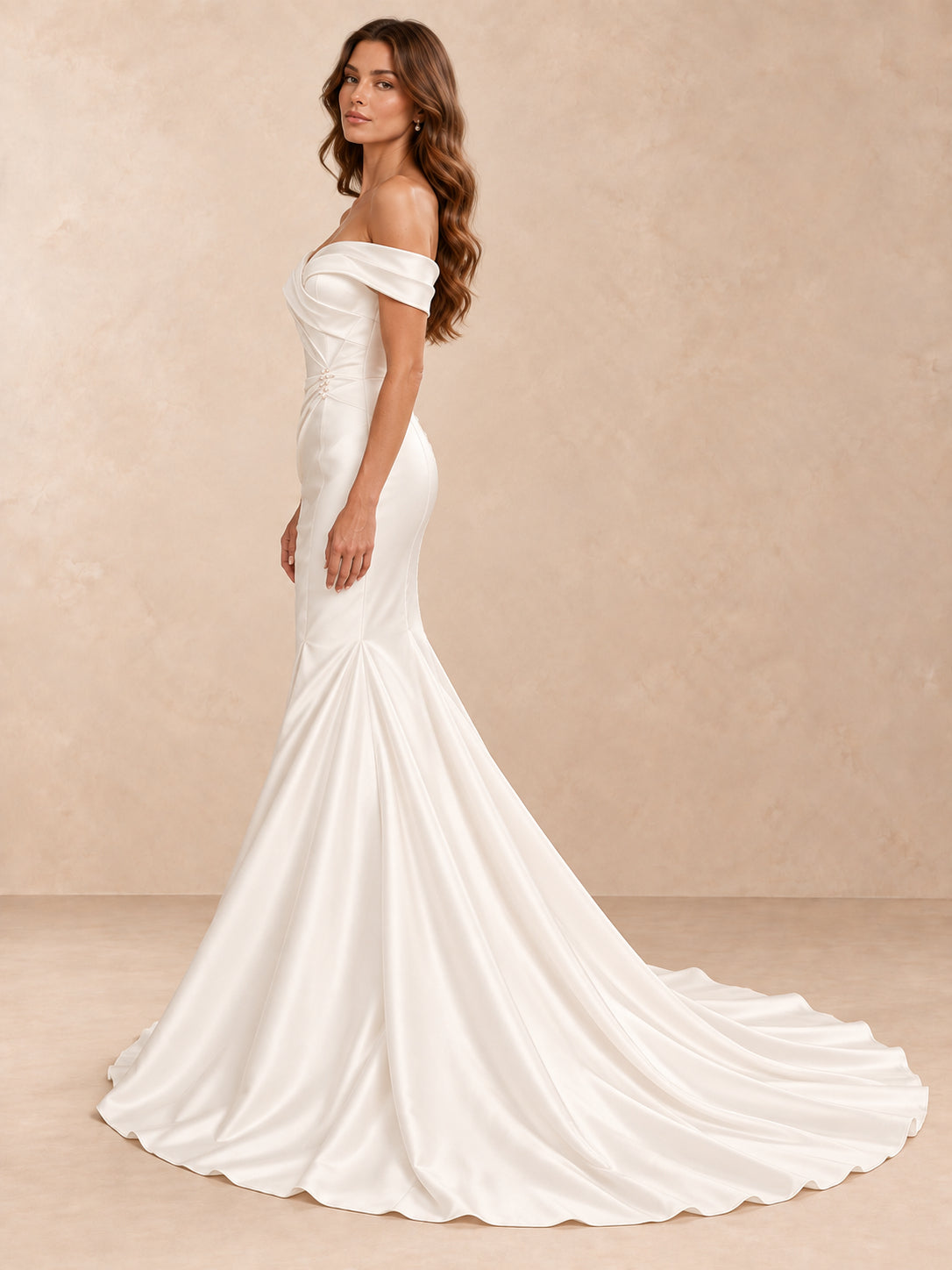Draped Off-the-Shoulder Satin Mermaid Wedding Dress with Buttoned V-Back