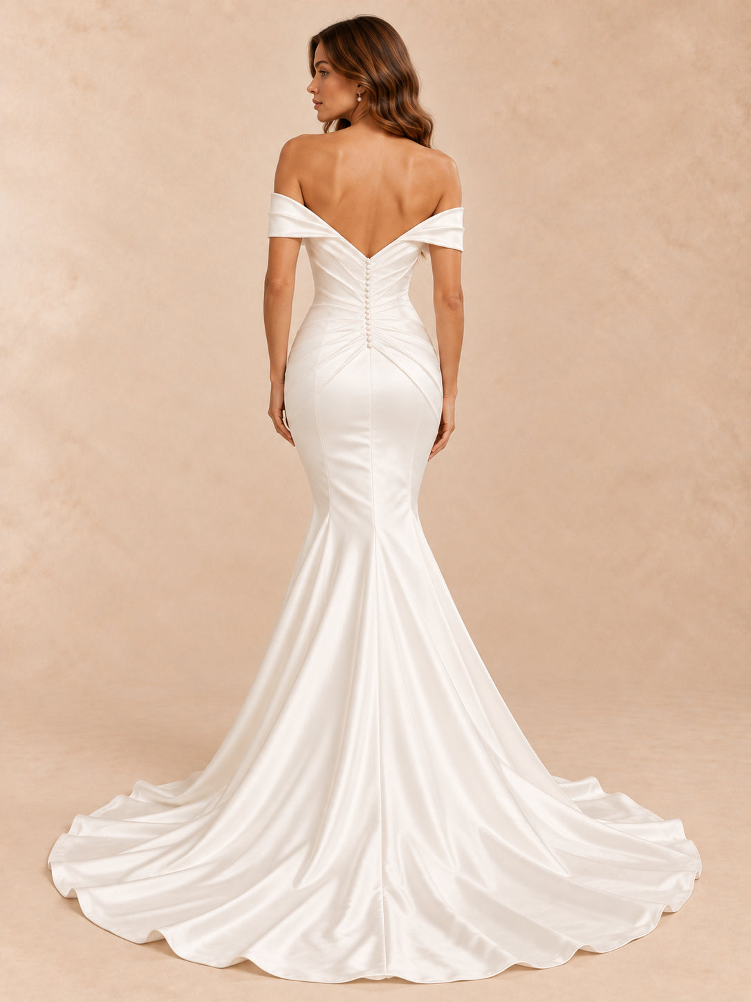 Draped Off-the-Shoulder Satin Mermaid Wedding Dress with Buttoned V-Back