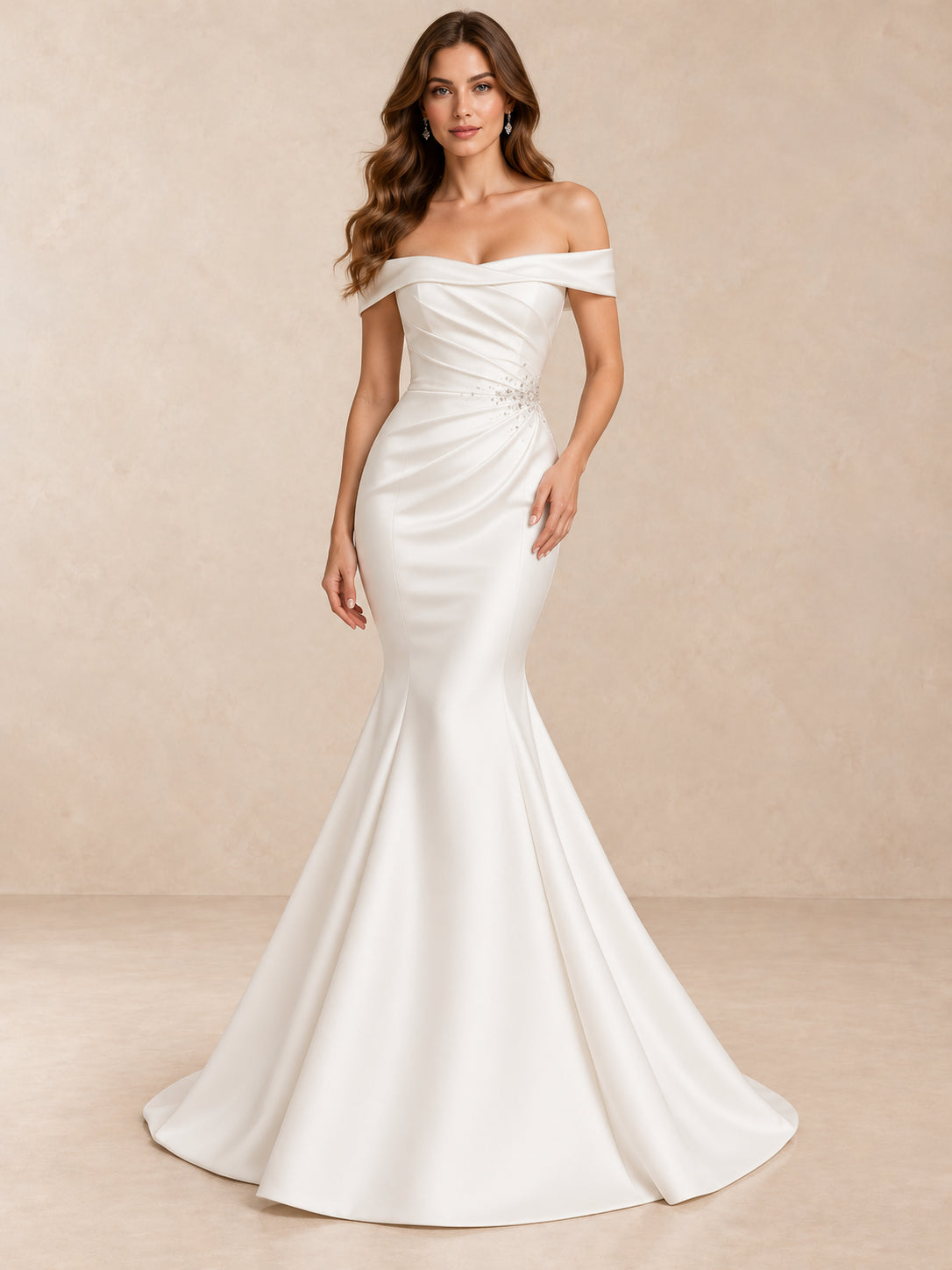 Draped Satin Off-the-Shoulder Mermaid Wedding Dress with Crystal Waist Detail