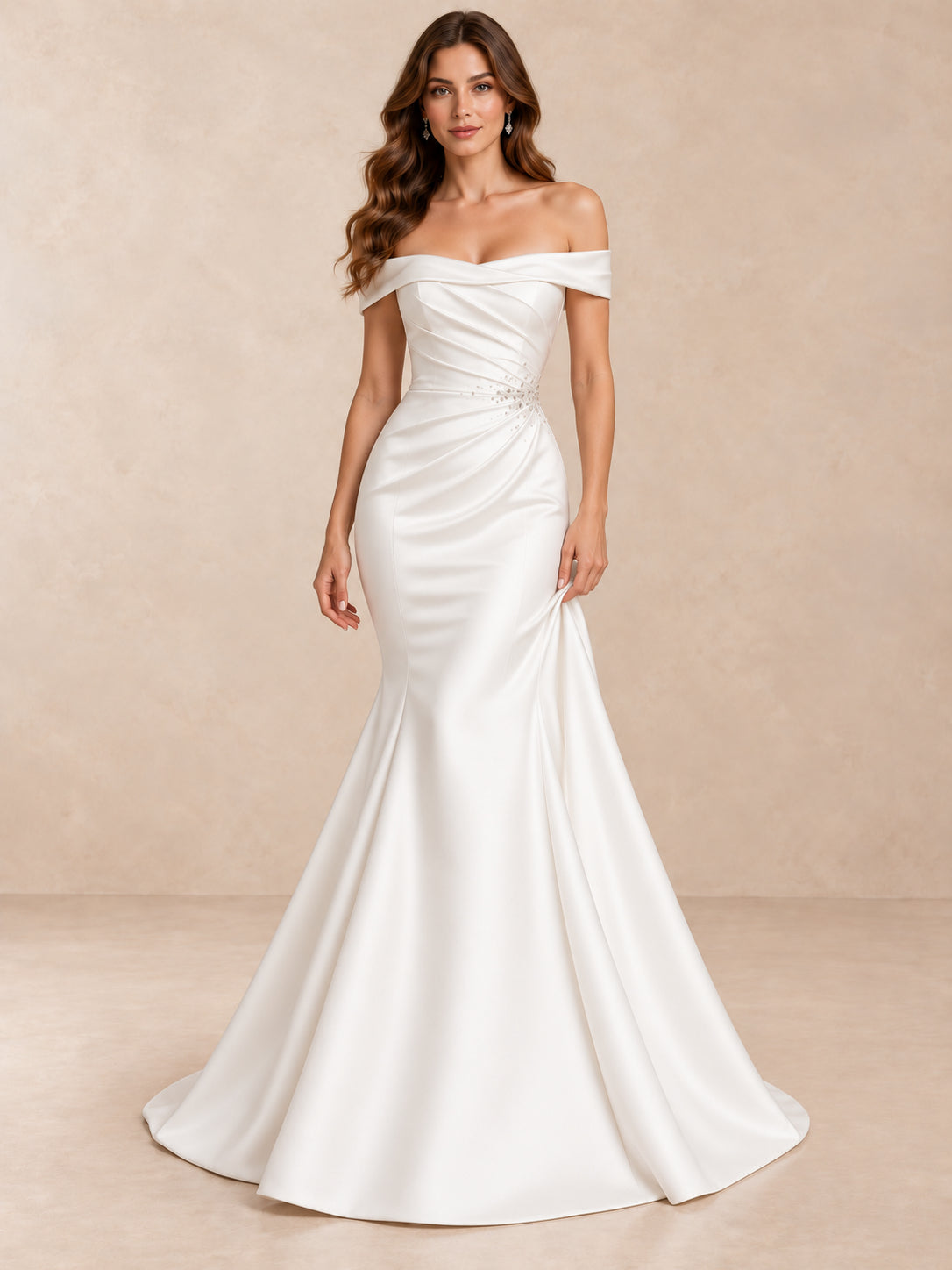 Draped Satin Off-the-Shoulder Mermaid Wedding Dress with Crystal Waist Detail