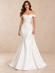 Draped Satin Off-the-Shoulder Mermaid Wedding Dress with Crystal Waist Detail