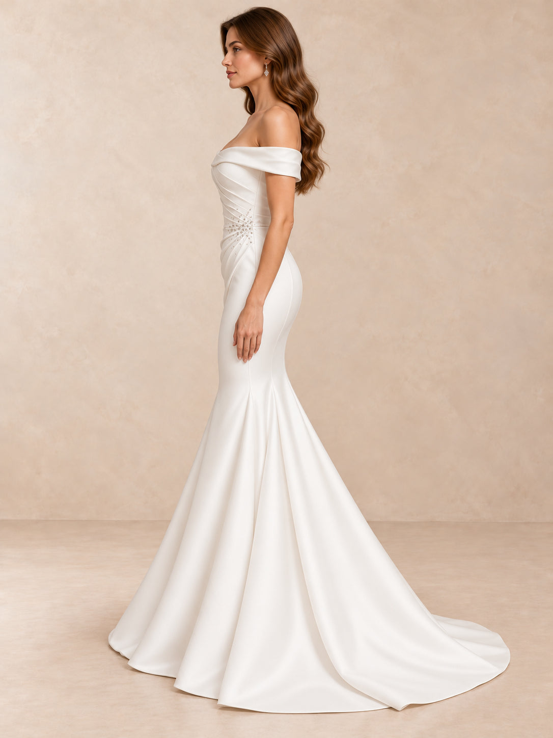 Draped Satin Off-the-Shoulder Mermaid Wedding Dress with Crystal Waist Detail