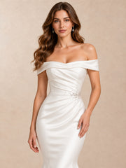 Draped Satin Off-the-Shoulder Mermaid Wedding Dress with Crystal Waist Detail