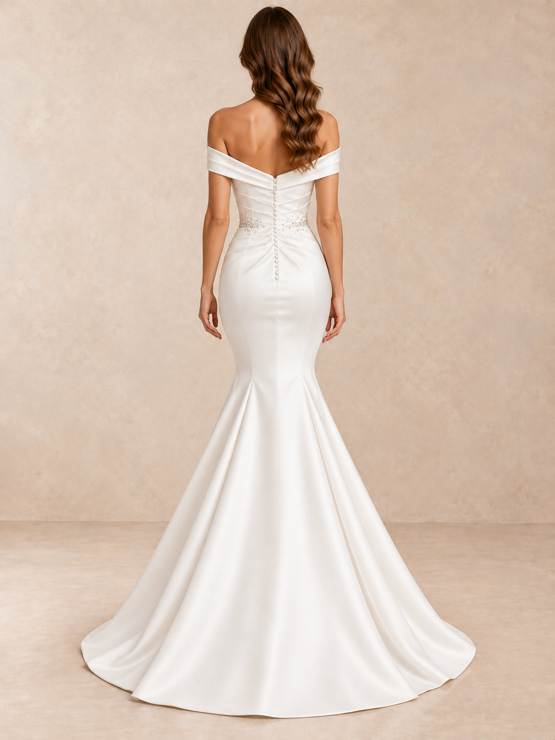 Draped Satin Off-the-Shoulder Mermaid Wedding Dress with Crystal Waist Detail