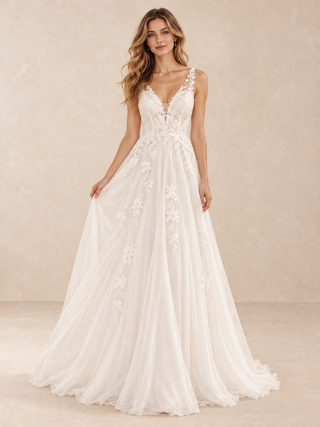 Elowen Deep V-Neck Floral Lace Tulle A-Line Wedding Dress with Sweep Train