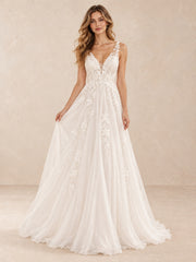 Elowen Deep V-Neck Floral Lace Tulle A-Line Wedding Dress with Sweep Train