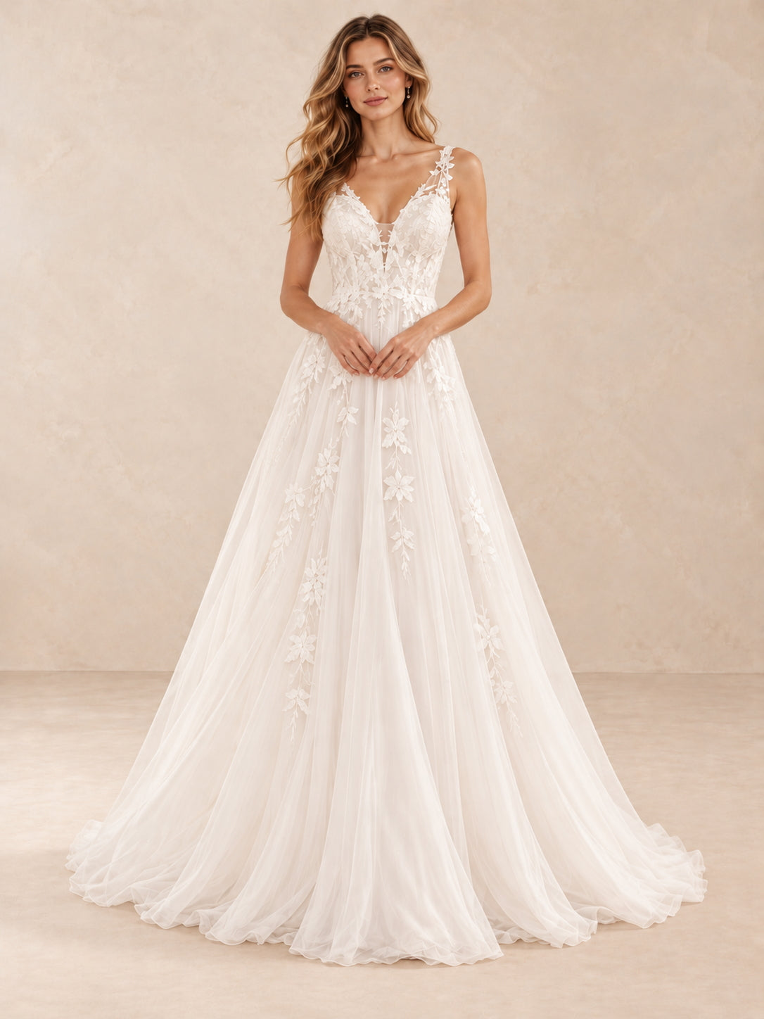 Elowen Deep V-Neck Floral Lace Tulle A-Line Wedding Dress with Sweep Train
