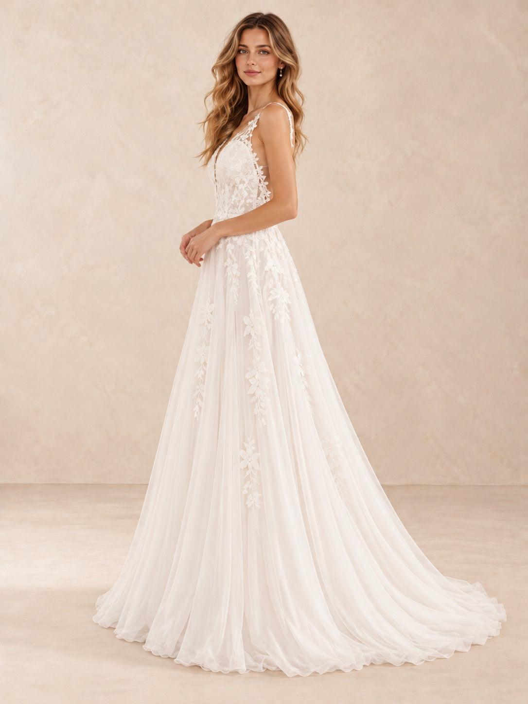 Elowen Deep V-Neck Floral Lace Tulle A-Line Wedding Dress with Sweep Train