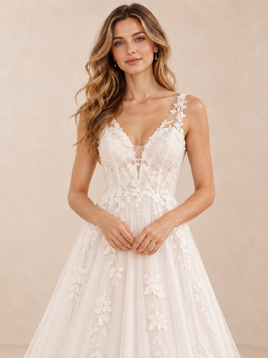 Elowen Deep V-Neck Floral Lace Tulle A-Line Wedding Dress with Sweep Train