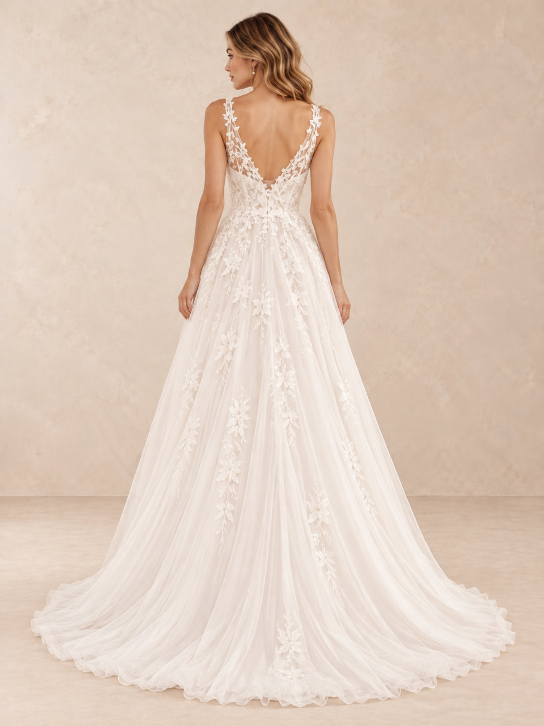 Elowen Deep V-Neck Floral Lace Tulle A-Line Wedding Dress with Sweep Train