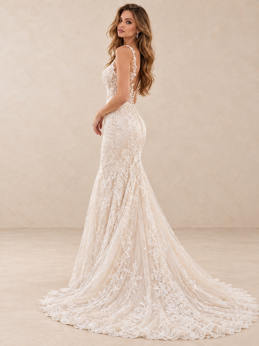 Elowen Deep V-Neck Lace Mermaid Wedding Dress with Chapel Train