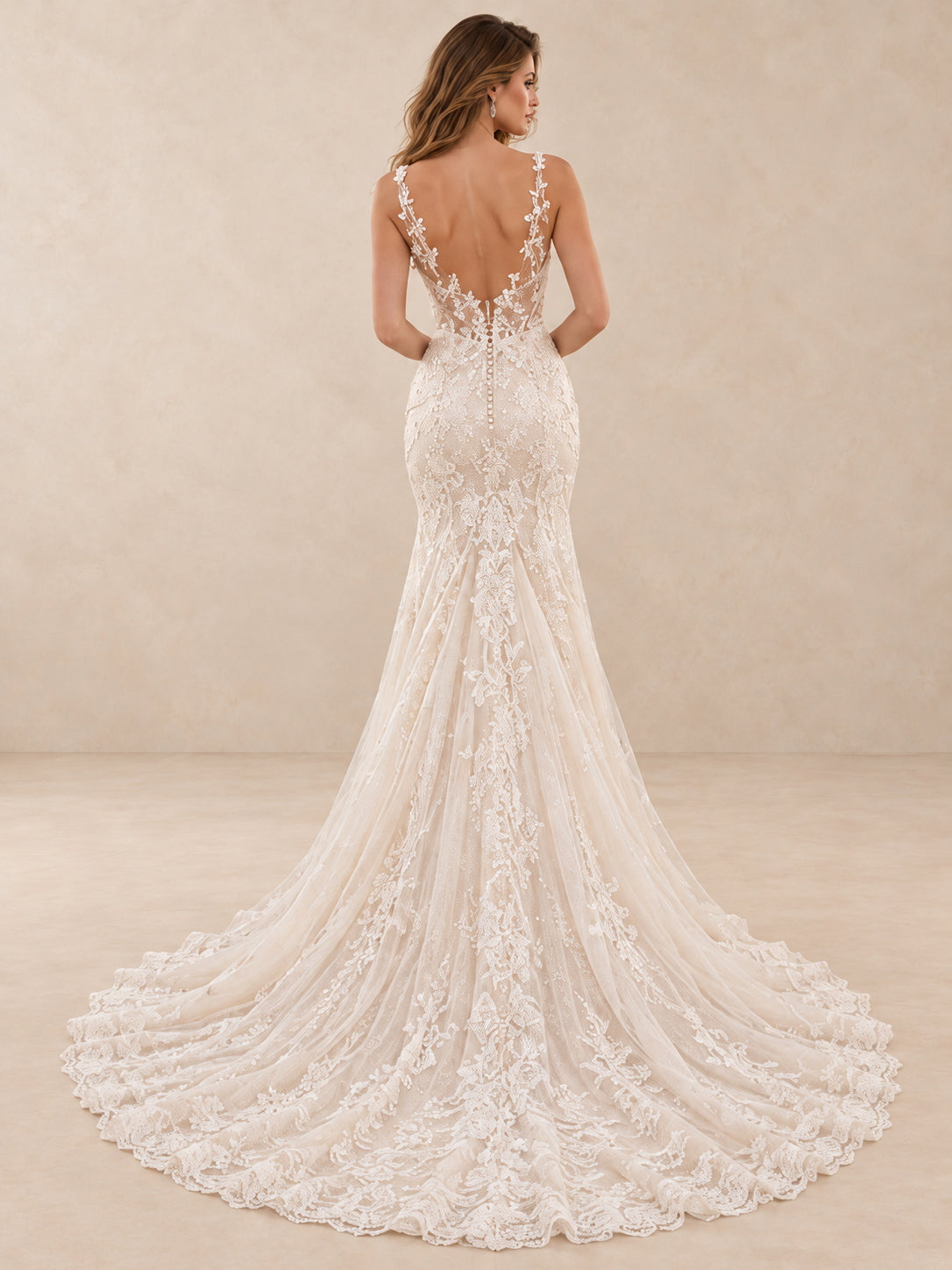 Elowen Deep V-Neck Lace Mermaid Wedding Dress with Chapel Train