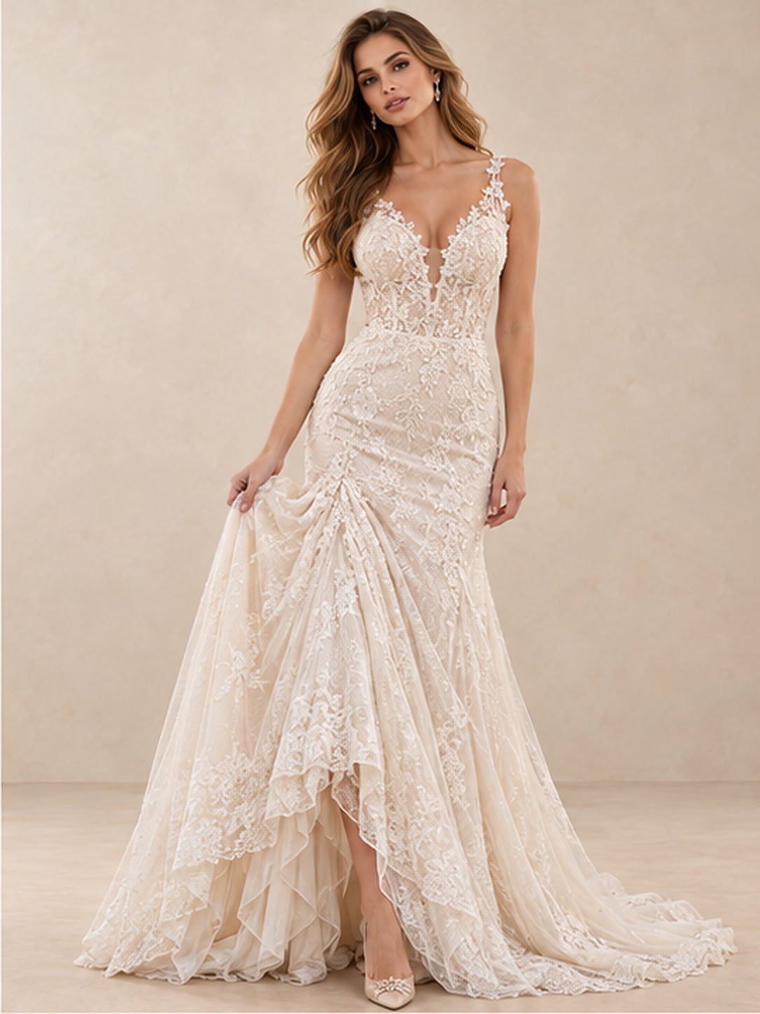 Elowen Deep V-Neck Lace Mermaid Wedding Dress with Chapel Train