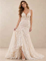 Elowen Deep V-Neck Lace Mermaid Wedding Dress with Chapel Train