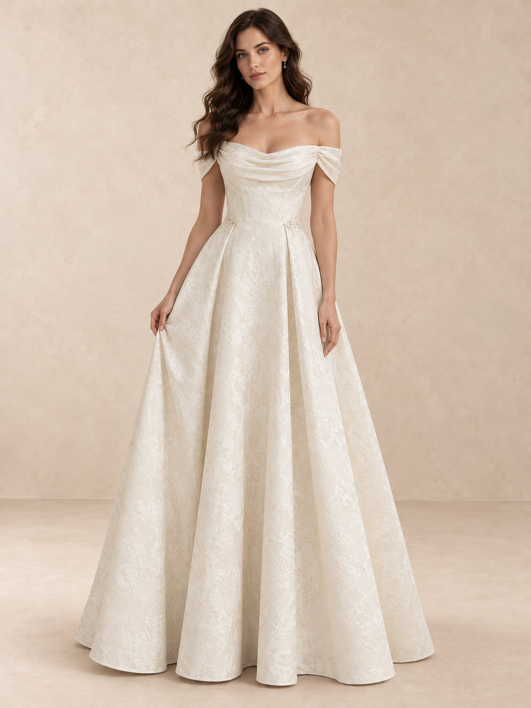 Floral Jacquard Off-the-Shoulder A-Line Wedding Dress with Button Back