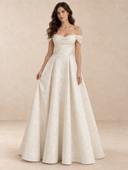 Floral Jacquard Off-the-Shoulder A-Line Wedding Dress with Button Back