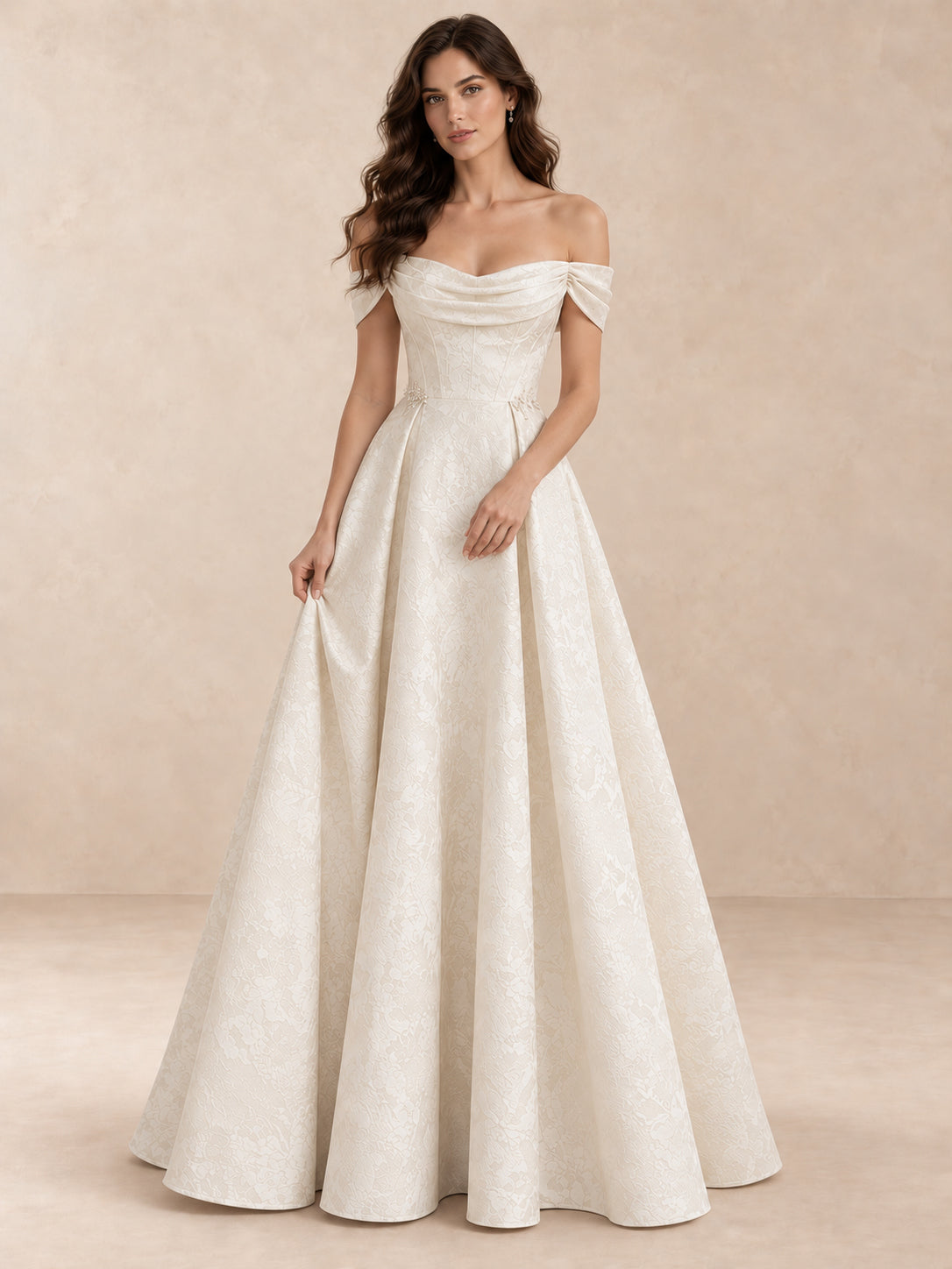 Floral Jacquard Off-the-Shoulder A-Line Wedding Dress with Button Back