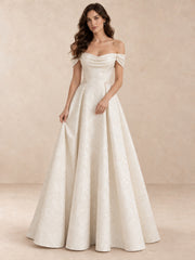 Floral Jacquard Off-the-Shoulder A-Line Wedding Dress with Button Back
