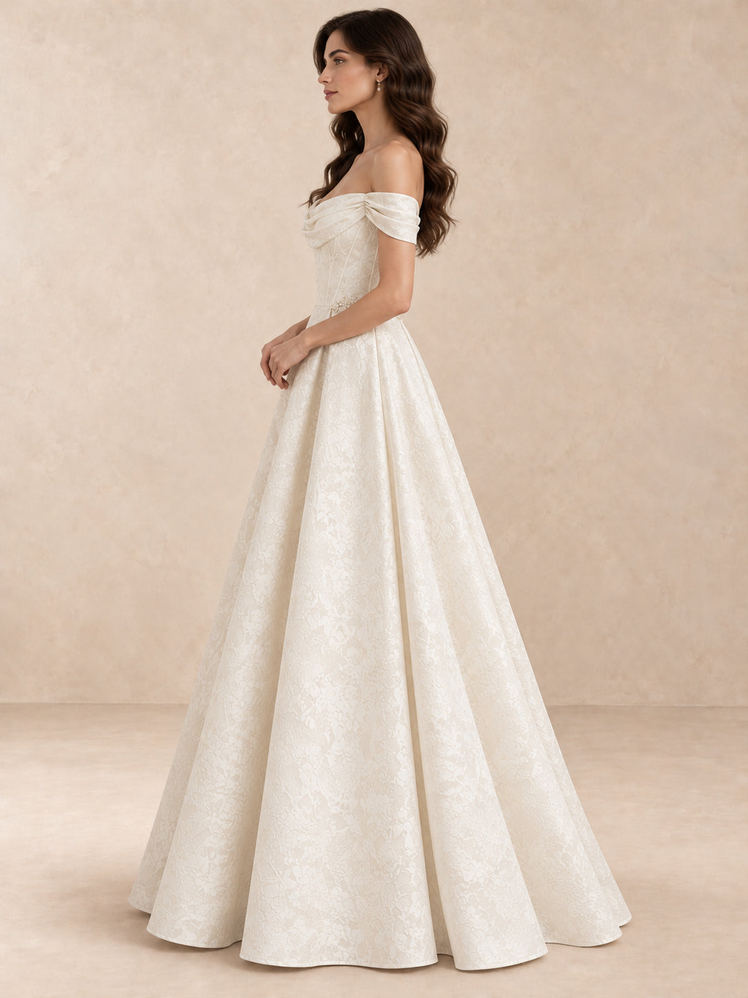 Floral Jacquard Off-the-Shoulder A-Line Wedding Dress with Button Back