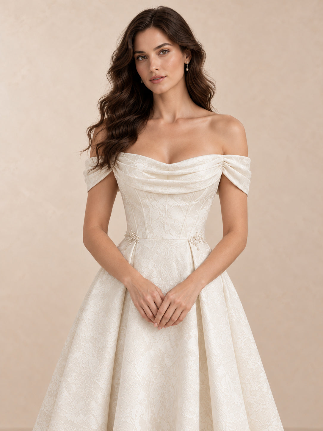 Floral Jacquard Off-the-Shoulder A-Line Wedding Dress with Button Back