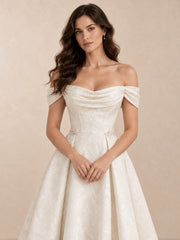 Floral Jacquard Off-the-Shoulder A-Line Wedding Dress with Button Back