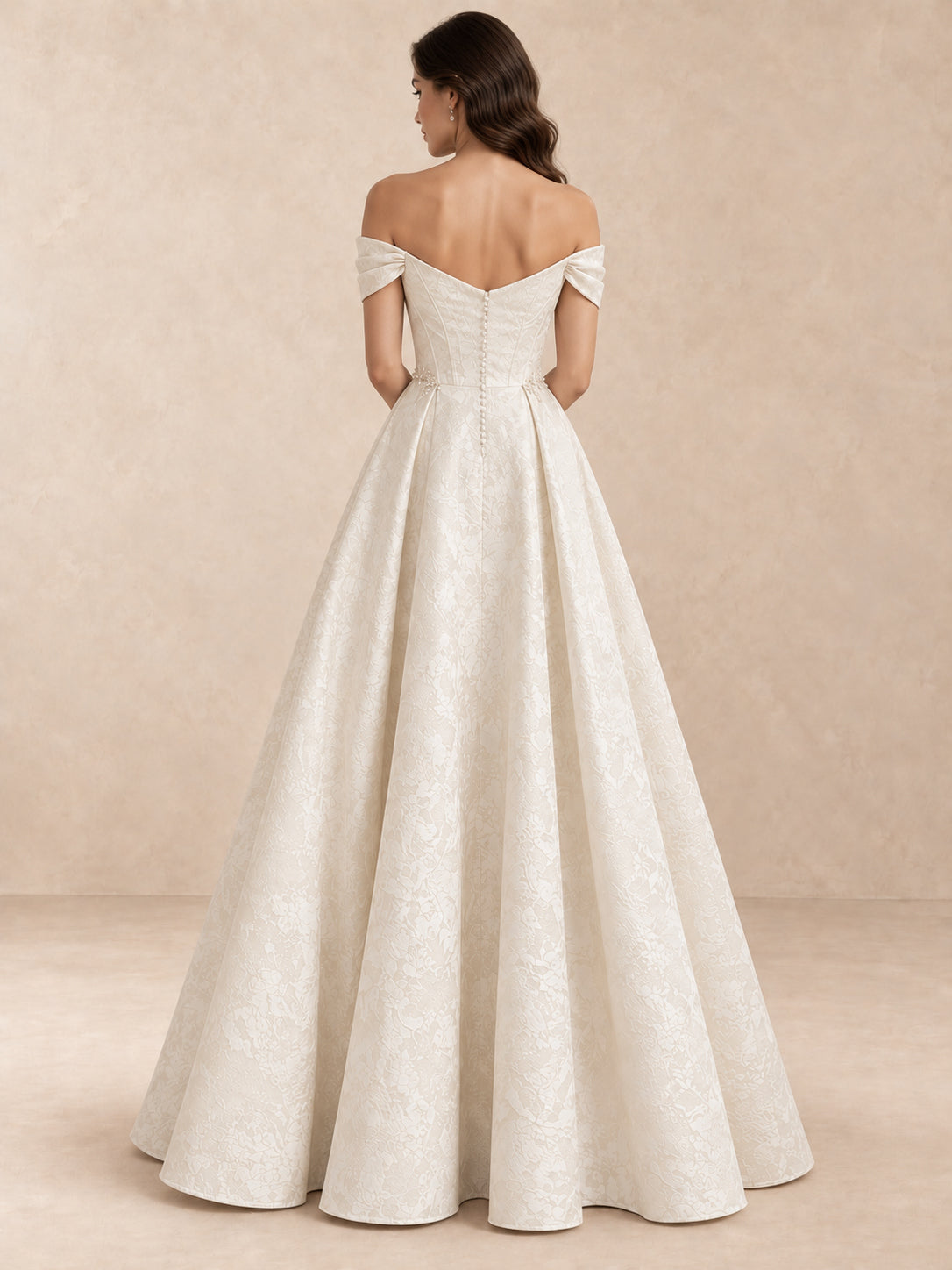 Floral Jacquard Off-the-Shoulder A-Line Wedding Dress with Button Back
