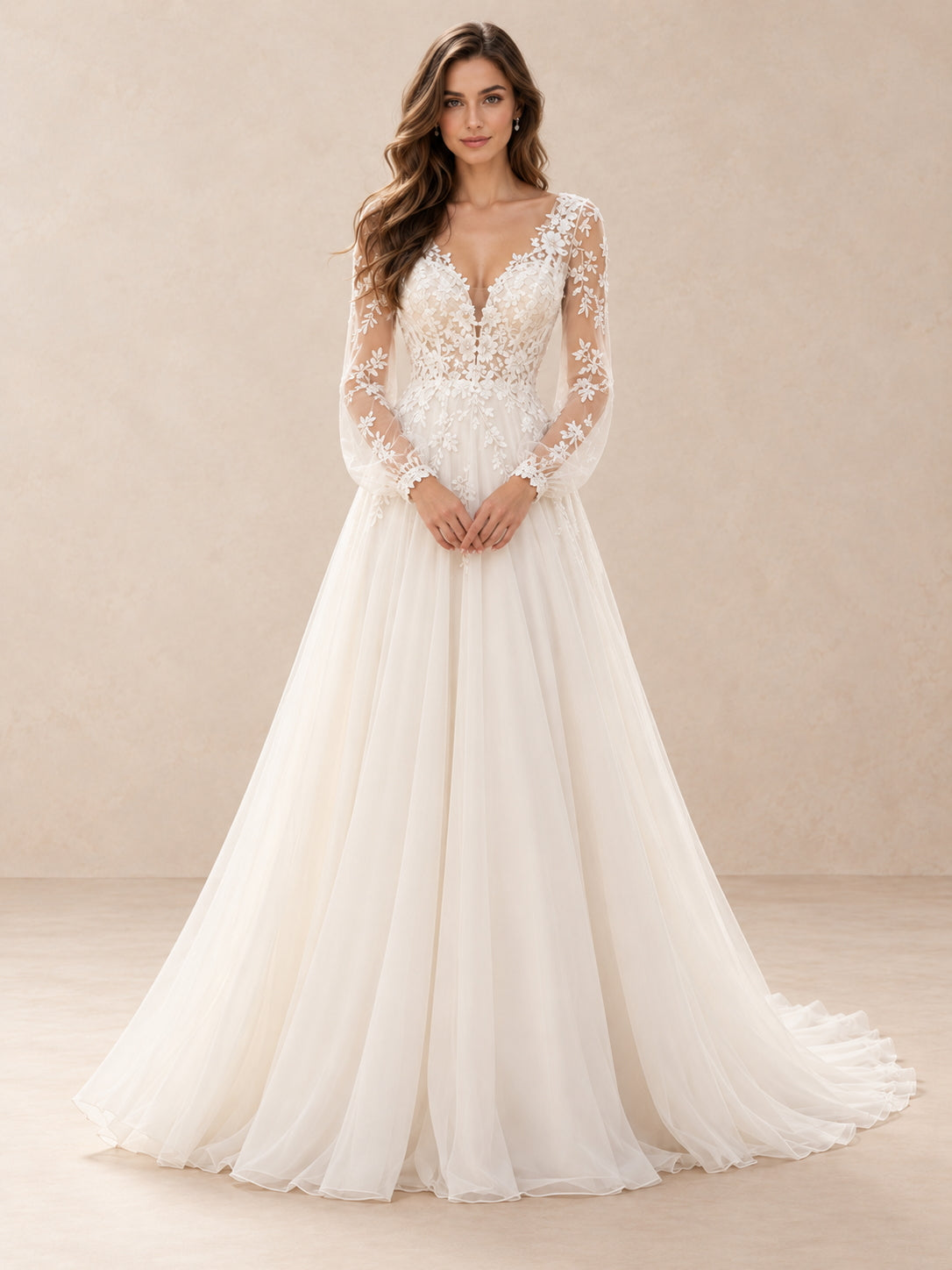 Floral Lace Appliqué Long Sleeve V-Neck A-Line Wedding Dress