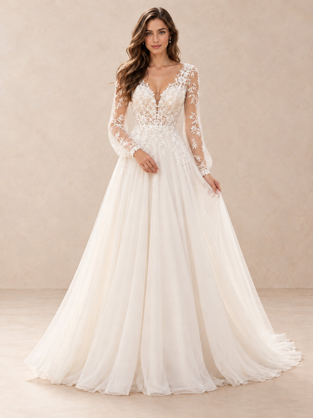 Floral Lace Appliqué Long Sleeve V-Neck A-Line Wedding Dress