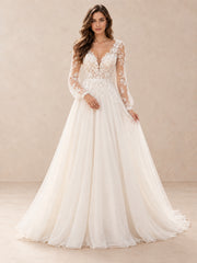 Floral Lace Appliqué Long Sleeve V-Neck A-Line Wedding Dress