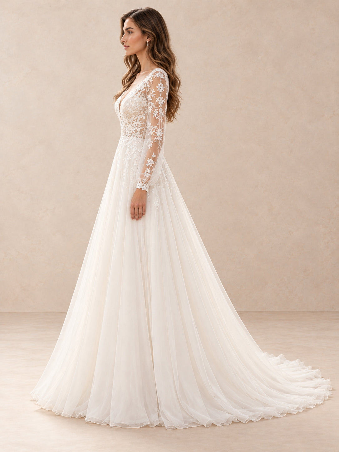 Floral Lace Appliqué Long Sleeve V-Neck A-Line Wedding Dress