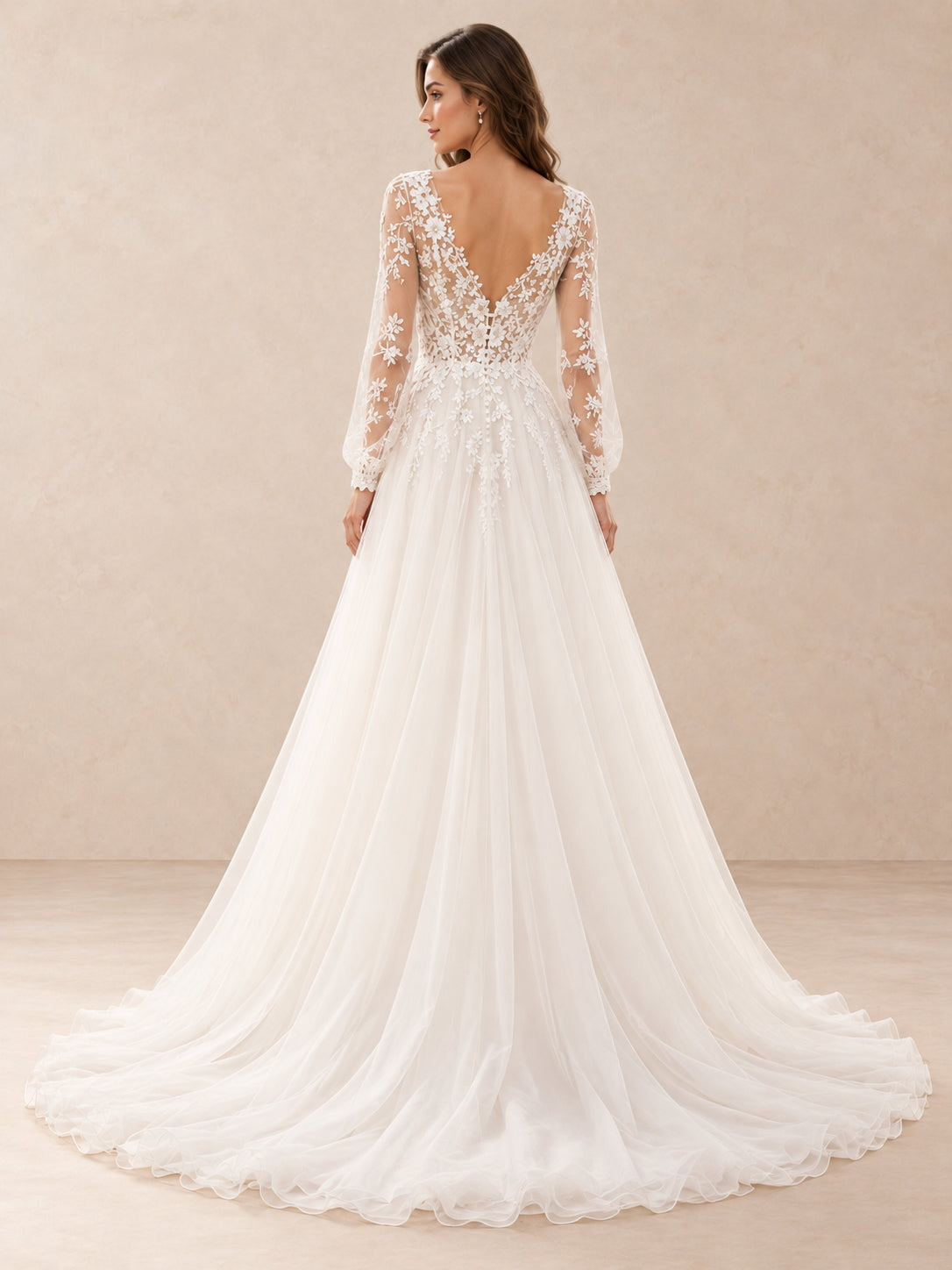 Floral Lace Appliqué Long Sleeve V-Neck A-Line Wedding Dress