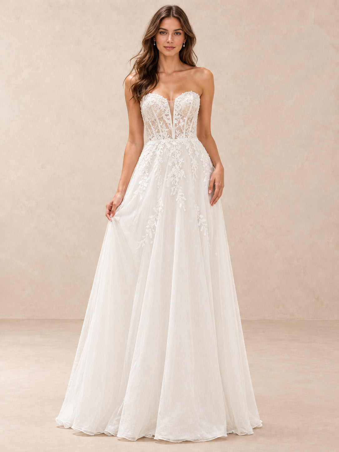 Floral Lace Sweetheart Corset A-Line Wedding Dress with Sweep Train