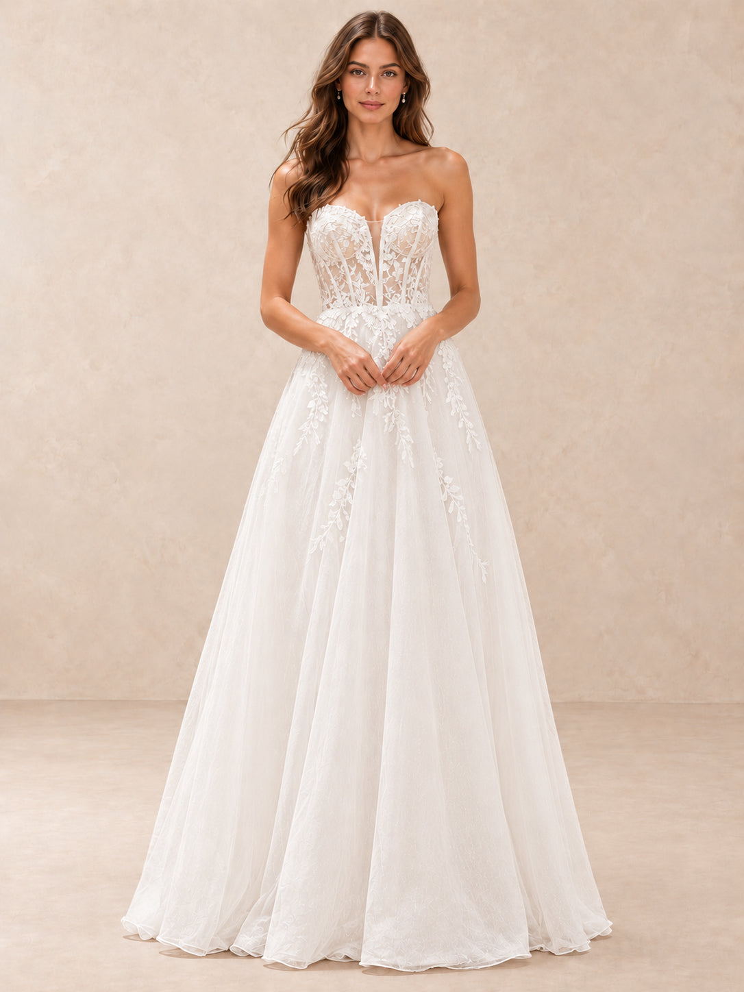 Floral Lace Sweetheart Corset A-Line Wedding Dress with Sweep Train