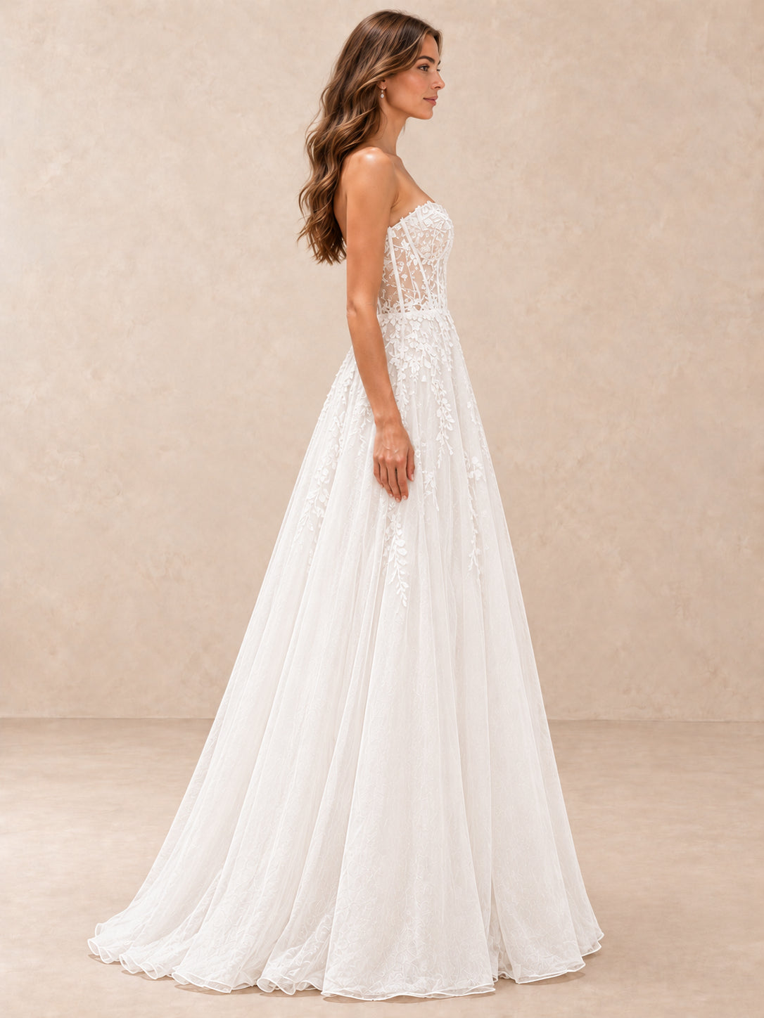 Floral Lace Sweetheart Corset A-Line Wedding Dress with Sweep Train