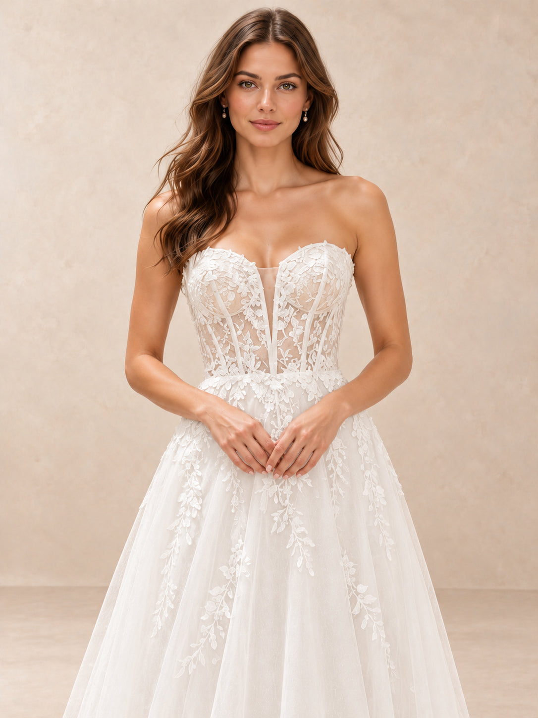 Floral Lace Sweetheart Corset A-Line Wedding Dress with Sweep Train
