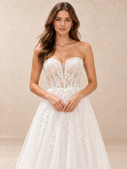 Floral Lace Sweetheart Corset A-Line Wedding Dress with Sweep Train