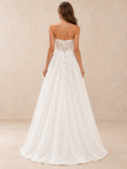 Floral Lace Sweetheart Corset A-Line Wedding Dress with Sweep Train