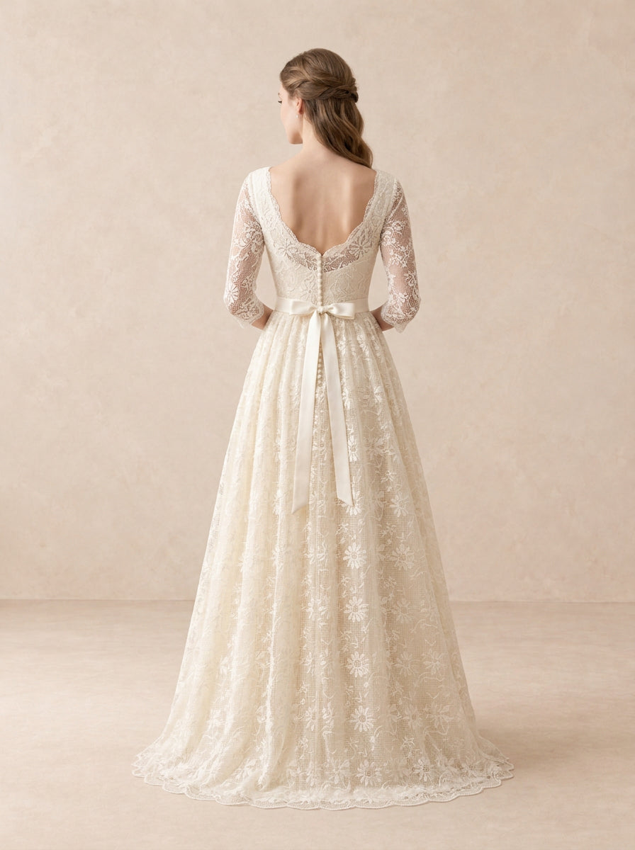 Floral Lace V-Neck Wedding Dress with 3/4 Sleeves and Satin Bow Back