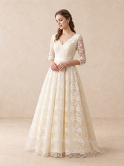 Floral Lace V-Neck Wedding Dress with 3/4 Sleeves and Satin Bow Back