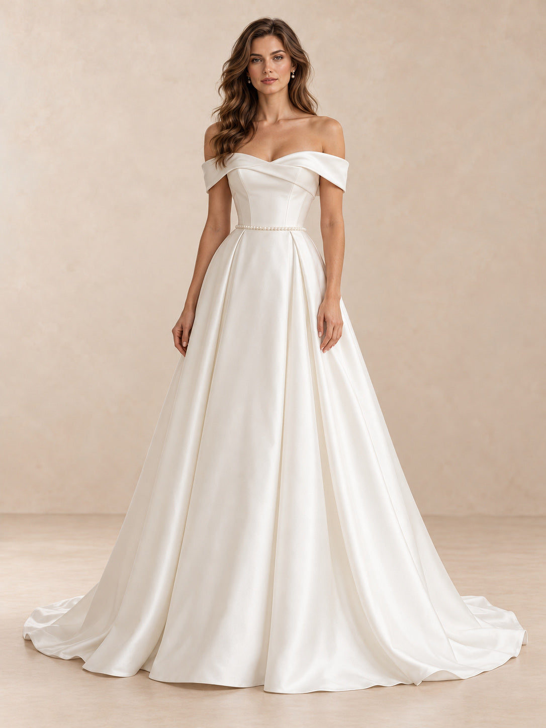 Folded Off-the-Shoulder Satin A-Line Wedding Dress with Sweep Train
