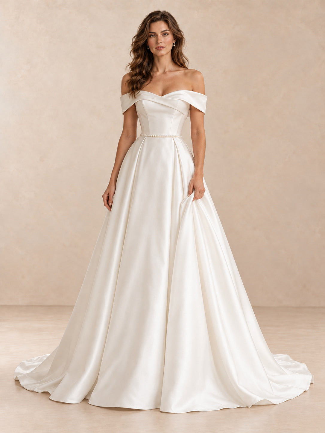 Folded Off-the-Shoulder Satin A-Line Wedding Dress with Sweep Train