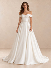 Folded Off-the-Shoulder Satin A-Line Wedding Dress with Sweep Train