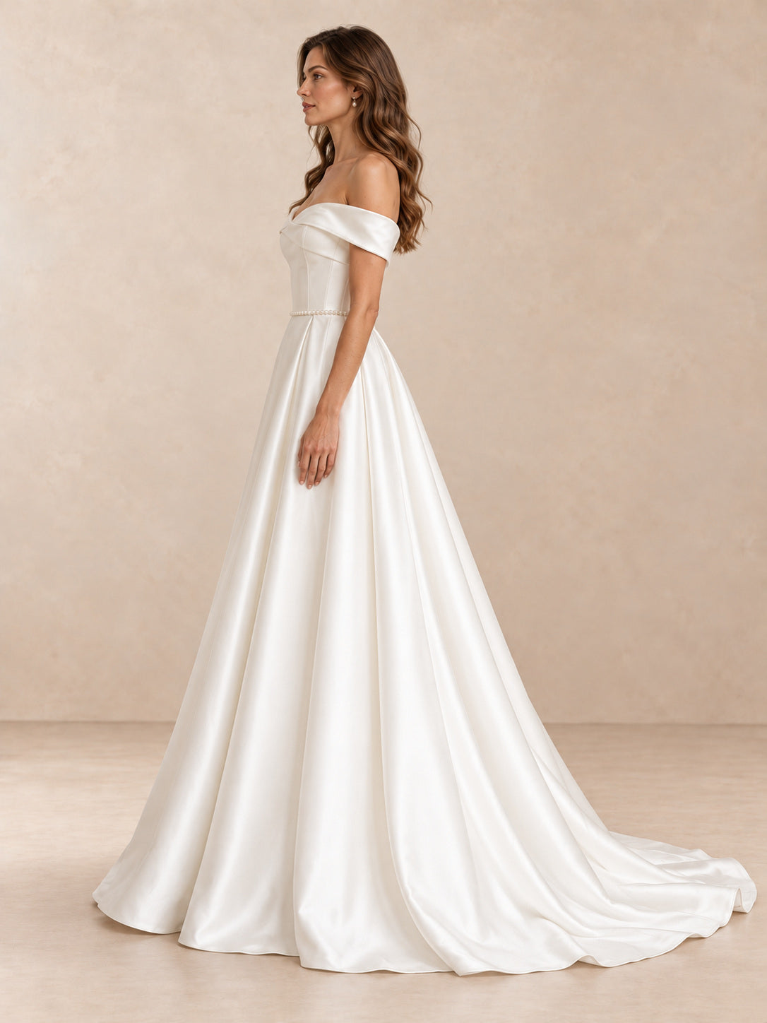 Folded Off-the-Shoulder Satin A-Line Wedding Dress with Sweep Train