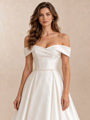 Folded Off-the-Shoulder Satin A-Line Wedding Dress with Sweep Train