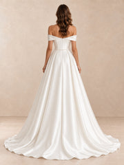 Folded Off-the-Shoulder Satin A-Line Wedding Dress with Sweep Train