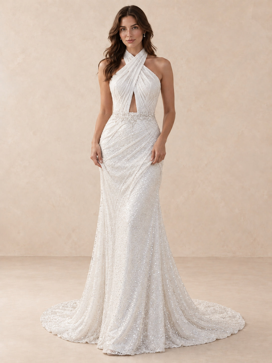Halter Mermaid Wedding Dress with Sequined Draping and Open Back