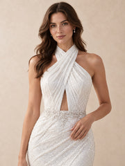Halter Mermaid Wedding Dress with Sequined Draping and Open Back