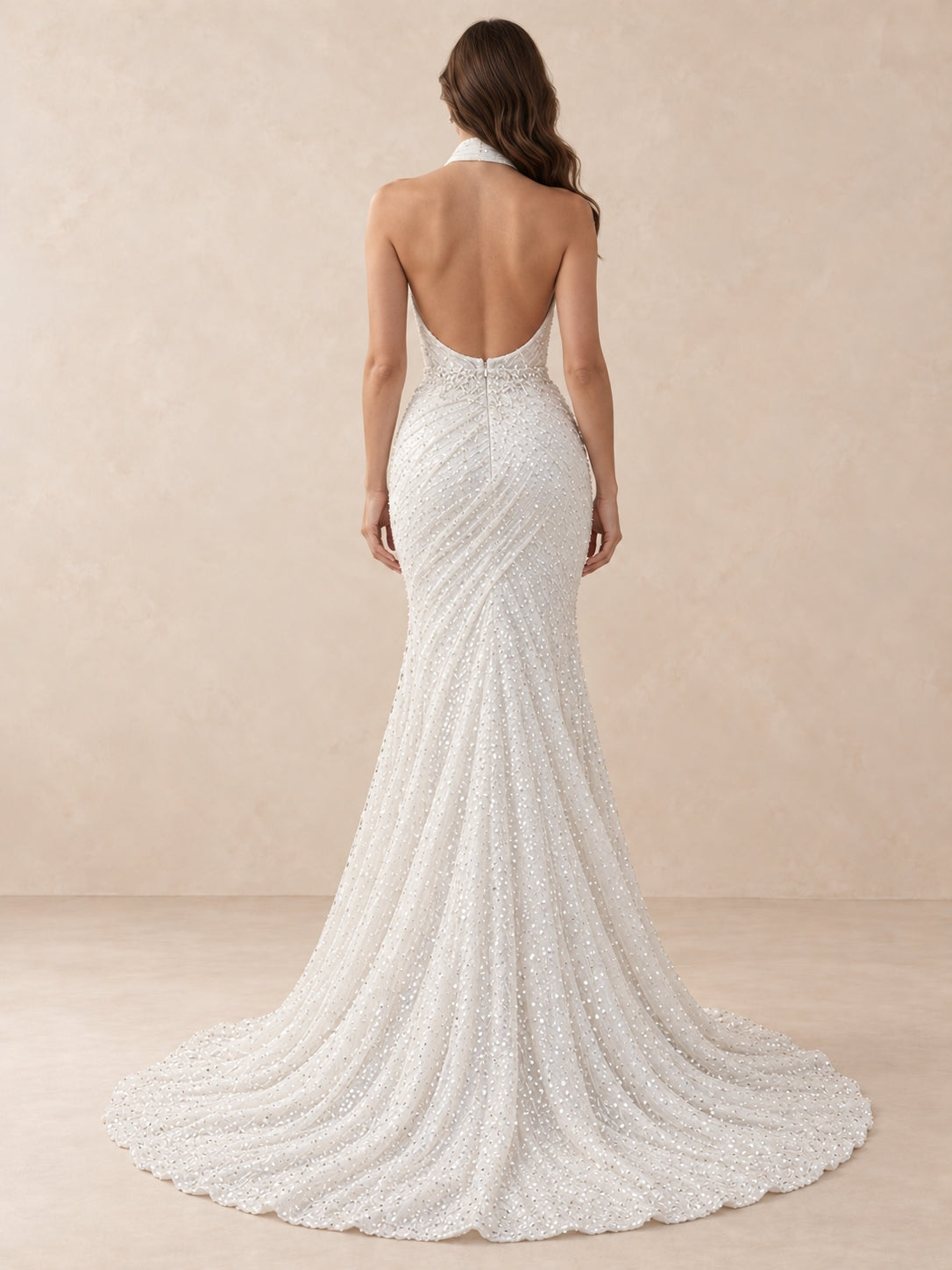 Halter Mermaid Wedding Dress with Sequined Draping and Open Back